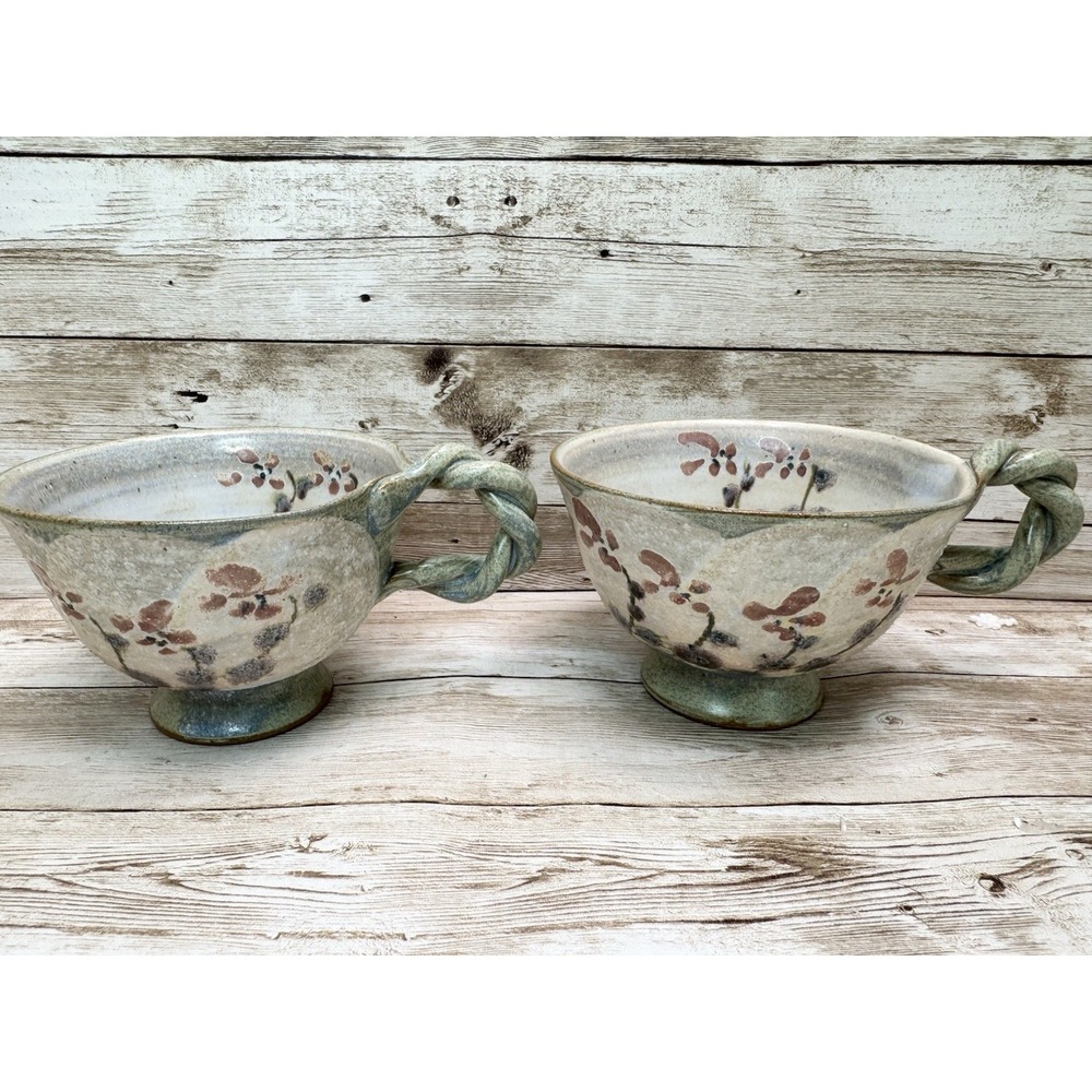 Vintage 2 Studio Pottery Handcrafted Footed Tea Cup Mug Twisted Handle Floral